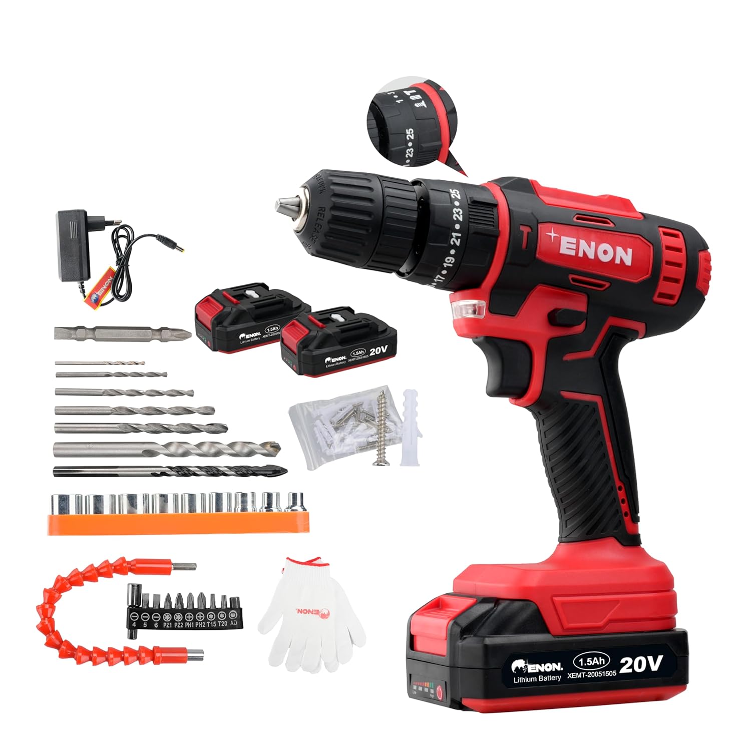Enon Cordless Impact Drill for Home Use, 20V, 1500Rpm, Keyless Chuck 10mm, 25 Level Torque, F/R Trigger, 2 Modes, 2X1.5Ah Batteries, Drill Kit for Wood, Metal, Concrete - 6 Month Warranty (XE-CD2011) Enon Cordless Impact Drill for Home Use, 20V, 1500Rpm, Keyless Chuck 10mm, 25 Level Torque, F/R Trigger, 2 Modes, 2X1.5Ah Batteries, Drill Kit for Wood, Metal, Concrete - 6 Month Warranty (XE-CD2011)